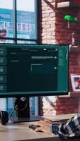 Man at home asking questions to AI LLM chatbot virtual assistant answering user prompts. Person receiving helpful information from artificial intelligence large language model program on PC, camera A video