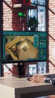 Man doing remote work on computer screen, moving assets in 3D modeling program. Teleworking interior designer using computer aided architectural design software on PC, camera A video