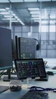 Vertical Data center facility employing deep learning technology to maintain company network infrastructure. Neural networks tech used in server room to ensure optimal system performance, handheld camera shot video