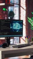 AI engineer in home office stretching back while looking at PC screen, feeling fatigued while executing code. Artificial intelligence developer feeling backpain, relieving pain, testing code, camera A video