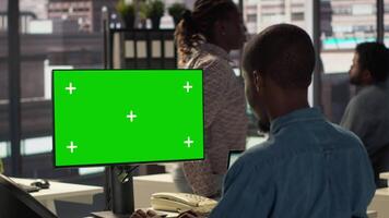 Professional employee analyzing business data on pc next to copy space screen, financial planning and budgeting supports company goals. Effective general management within the enterprise. Camera A. video