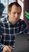 Remote employee calls managers remotely using internet videocall to ask for feedback on project progress. Teleworker at home requesting assistance from coworkers in teleconference meeting, camera B video