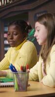 Vertical Primary school pupils in a library discuss during an online seminar, using tech to connect with educator and classmates for an interactive virtual chat. Remote lesson via web conference. Camera A. video