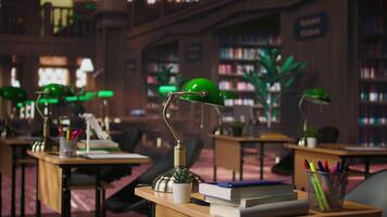 Grand serene academic library featuring traditional architecture for quiet study, elegant desks and historic charm in an old fashioned space. Formal environment for research, education and knowledge. video