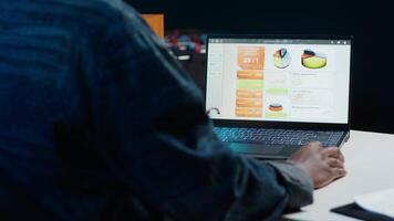 Woman working from home analyzing sales report to plan business development, handheld camera shot. Teleworker using accounting statistics graphs for project research, camera A video