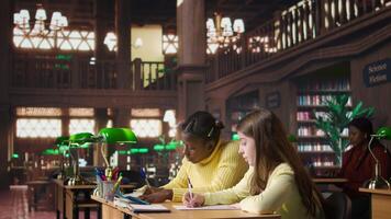 Diverse scholars helping each other finish the homework at the library, staying after classes to solve their school assignment. Clever diligent girls working hard for a scholarship. Camera A. video