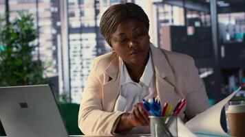 Ambitious female entrepreneur focuses on strategic planning, setting a clear vision and goals for the corporation and aligning resources to achieve sustainable growth. Determination. Camera A. video