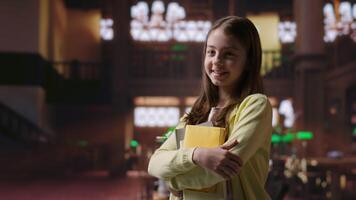 Portrait of sweet preadolescent carrying her books and class notes in the library, preparing for an intense studying session with her textbooks. Academic environment to ensure development. Camera B. video