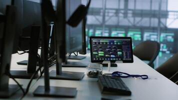 Data center facility employing deep learning technology to maintain company network infrastructure. Neural networks tech used in server room to ensure optimal system performance, handheld camera shot video