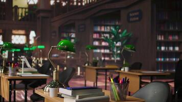 Empty inspiring library interior with heritage design and peaceful lighting, a classic academic setting. Wooden desks and bookshelves create a timeless space for literacy and intellectual pursuits. video