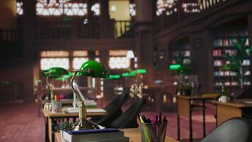 Refined vintage library with wooden shelves and classic green lamps, a calm workspace for booklovers. Empty study area perfect for learning, reading or enjoying the charm of a scholarly setting. video