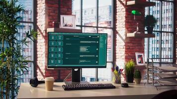 AI LLM chatbot answering user prompts using predictive technology in home office. Computer setup in apartment workspace using large language model program with artificial intelligence video