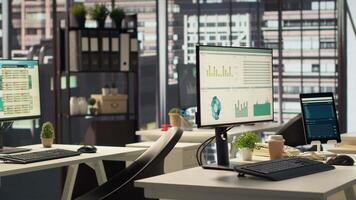 Empty business workplace equipped with modern tech tools to serve an enterprise, workspace in a high end city center corporation. Global organization luxurious corporate culture. video