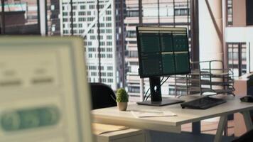 Empty high end workspace with advanced tech tools enhancing productivity, helping business professionals focus on financial strategies. Global enterprise ensuring firm objectives. video