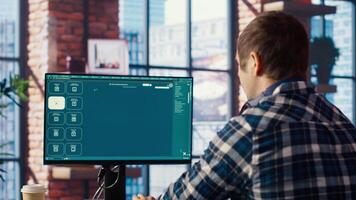 Man in home office using generative artificial intelligence website generating videos using diffusion models. Person wearing headphones using AI virtual assistant producing clips for him, camera B