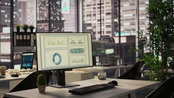 Empty business space equipped with advanced high tech tools to serve an enterprise, workspace in a modern city center corporation. Global organization with a luxurious corporate culture. video