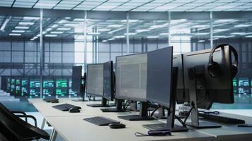 Close up of tablet in high tech data center business used for maintaining network gear. Focus on programming app on device in server farm used to ensure optimal system performance video