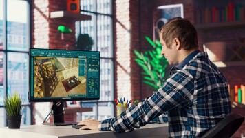 Architectural designer in home office moving assets in 3D modeling program, doing interior design project. Man looking at CAD software interface on PC, making home floor plans, camera B video