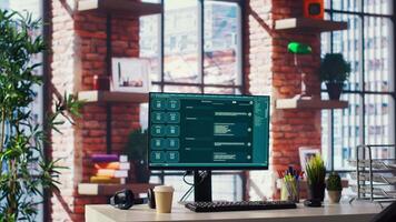 Computer setup in bright IT development workspace showing large language model program. PC in home office with AI LLM chatbot answering user prompts using neural network tech video