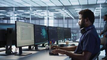 Woman assisting data center programmer in solving tasks, maintaining company network infrastructure. Supervisor in server room helping employee ensuring optimal system performance video