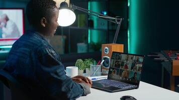 Remote employee calls managers remotely using internet videocall to ask for feedback on project progress. Teleworker at home requesting assistance from coworkers in teleconference meeting, camera A video