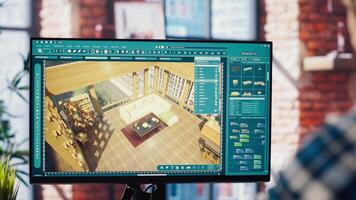 Freelancer working from home moving assets in 3D modeling program, doing interior design project. Teleworking interior designer using CAD software on PC, making home floor plans, camera B video