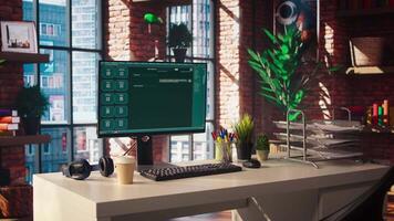 Focus on AI LLM chatbot GPT software on PC monitor in modern home office. Panning shot of large language model application on computer display communicating with user through artificial intelligence video