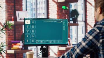 Remote employee in home office using AI software turning text prompt into photos. Person in apartment using text to image artificial intelligence generator transforming words into pictures, camera B video