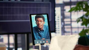 Black female leader negotiating with partner on online videocall, asking for financial support to sustain an expansion project. Female entrepreneur driven for success, management skills. Camera A. video