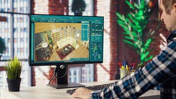 Assets being moved in 3D modeling program by architectural designer in rendered apartment for interior design project. CAD software used for making home floor plans and virtual furniture, camera B video