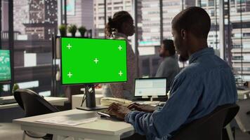 Professional employee analyzing business data on pc next to copy space screen, financial planning and budgeting supports company goals. Effective general management within the enterprise. Camera B. video
