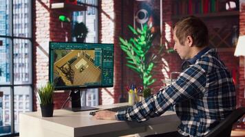 Freelancer working from home moving assets in 3D modeling program, doing interior design project. Teleworking interior designer using CAD software on PC, making home floor plans, camera A video