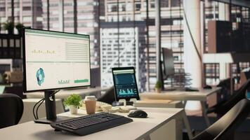 Modern work environment empty office used in business industry and enterprise culture, equipped with professional tools and high end gadgets. Executive power in a modern workspace. video