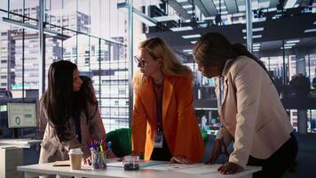 General director reviewing data analytics with her team for successful development plan, working to expand the enterprise globally. Female CEO showing great leadership skills in a meeting. Camera B. video