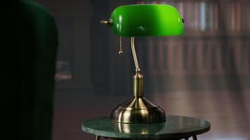 Modern therapy room with armchairs and green lamps creating soft lighting, vintage bookshelf lined backdrop. Cabinet used by counselors or mental health professionals, inviting space. video