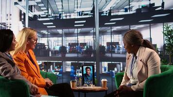 Goals oriented women hold online business meeting via call, discussing business strategy with the CEO to ensure global expansion project. Equal rights for female leaders in a firm. Camera B. video