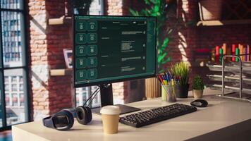 Computer setup in bright apartment showing large language model program. PC monitor in cozy home office with AI LLM chatbot answering user prompts using neural network tech video