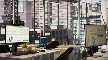 Empty high end workspace with advanced tech tools enhancing productivity, helping business professionals focus on financial strategies. Global enterprise ensuring firm objectives. video