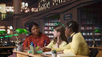 Black teacher mentoring her teen girls students with an assignment, teaching academic concepts and enhancing their knowledge through practical exercises. Private lessons at the library. Camera A. video