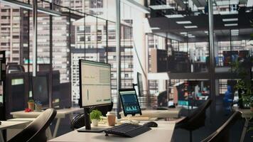 Empty business workplace equipped with modern tech tools to serve an enterprise, workspace in a high end city center corporation. Global organization luxurious corporate culture. video