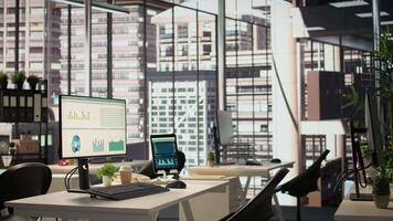 Empty modern workspace with advanced technology to enhance efficiency and productivity, helping business professionals focus on financial strategies. Global enterprise success objectives. video