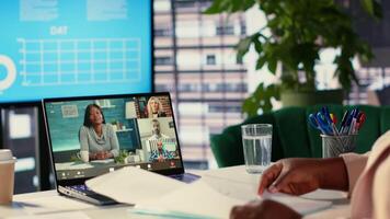 Leader discussing with shareholders about increasing profit strategy, meeting on online videocall for networking and strategic thinking. Entrepreneur asking associates for advice. Camera A. video