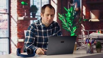 Remote employee calls managers remotely using internet videocall to ask for feedback on project progress. Teleworker at home requesting assistance from coworkers in teleconference meeting, camera B video