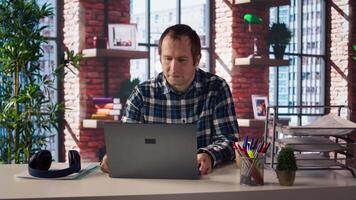 Remote employee calls managers remotely using internet videocall to ask for feedback on project progress. Teleworker at home requesting assistance from coworkers in teleconference meeting, camera A video