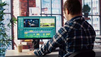 editor analyzing film montage on computer screen before editing color grading and lighting in creative home office. Post production studio employee working with raw footage on PC, camera B video