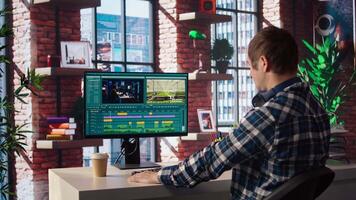 editor analyzing film montage on computer screen before editing color grading and lighting in creative home office. Post production studio employee working with raw footage on PC, camera A video
