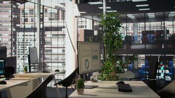 Empty corporate workspace equipped with advanced tools to serve an enterprise activity, office in a modern city center corporation. Global organization with luxurious workstations and modern gadgets. video