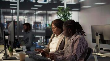 Black business staff strategizing a plan for growth in modern office, focusing on company goals by developing a sustainable enterprise strategy to achieve corporate success and objectives. Camera B. video