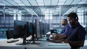 Data center admin typing on keyboard, maintaining company network infrastructure by configuring hardware. African american worker in server hub ensuring optimal system performance, camera A video