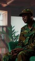 Vertical Anxious depressed private sharing his struggles with combat flashbacks, counseling session with psychiatrist for rehabilitation. Psychological support and reintegration for soldiers. Camera B. video